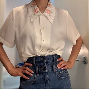 Vintage Principles Made In Korea Sz 12 100% Polyester Embroidered Collar Blouse